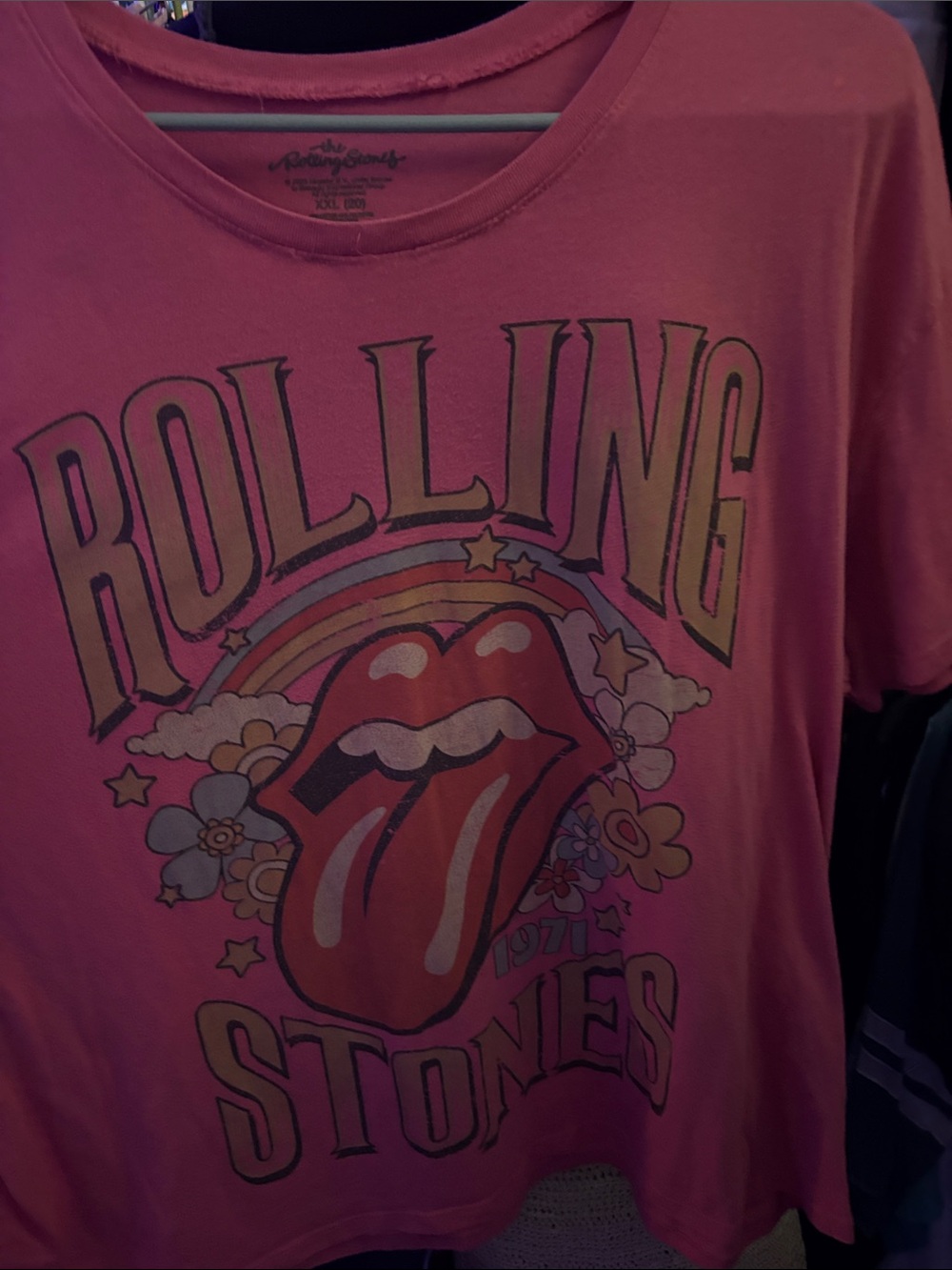 the Rolling Stones Pink Graphic Tee with Rainbow Tongue Design